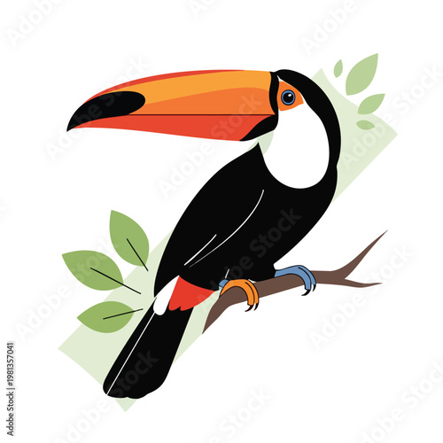 Colorful Tropical Toucan Perched on a Branch with Green Foliage