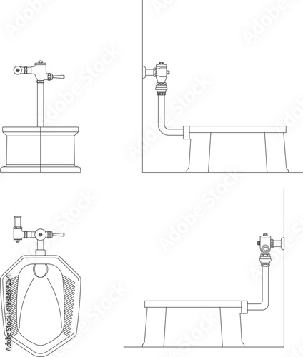 Technical architectural drawing showing 2D CAD blocks of a commercial wall-mounted urinal with flushometer valve in front, side, and plan views.
