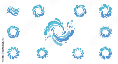 Collection of blue swirling water graphic icons.