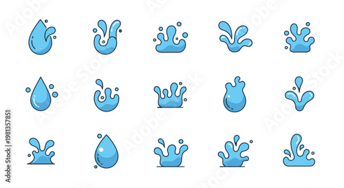 Collection of various blue water droplets.