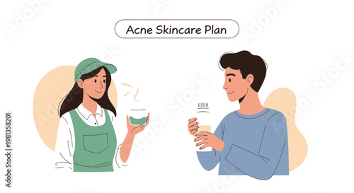 Acne Skincare Plan: Young Woman Offers Drink to Man with Skincare Product