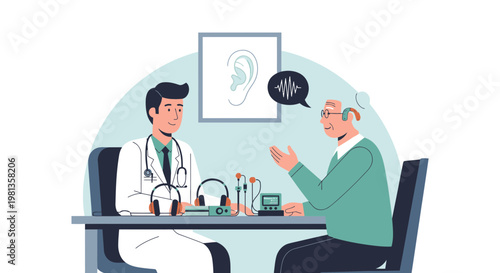 Audiologist examining senior patient's hearing with audiometer and headphones