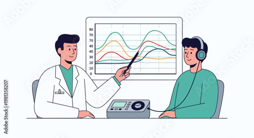 Audiologist examines patient's hearing with audiogram chart and equipment