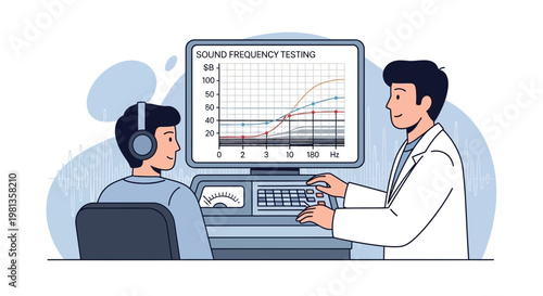 Audiologist conducts hearing test on patient with headphones, displaying audiogram on screen