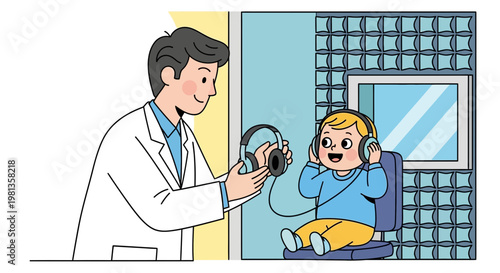 Audiologist performing hearing test on a happy child with headphones in soundproof booth