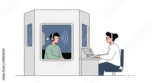 Audiologist performing hearing test in soundproof booth with patient wearing headphones