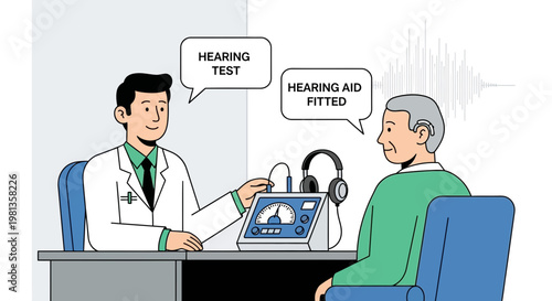 Audiologist fitting hearing aid to elderly man after hearing test, medical consultation