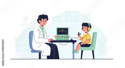 Audiologist performs hearing test on child with headphones using audiometer in clinic