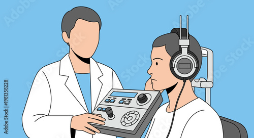 Audiologist performing hearing test on patient with headphones and audiometer
