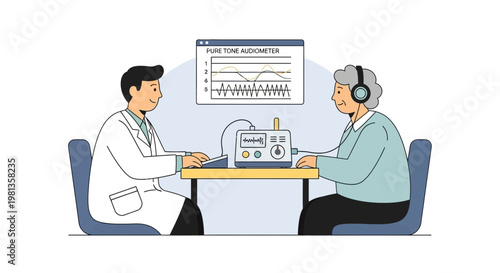 Audiologist performs hearing test on elderly woman with audiometer and headphones