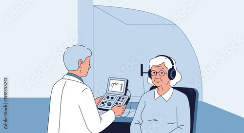 Audiologist performs hearing test on elderly woman with headphones in soundproof booth