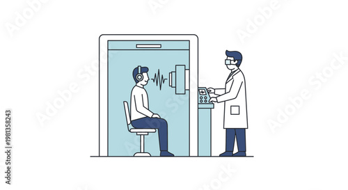 Audiologist performs hearing test on patient in soundproof booth with audiometer