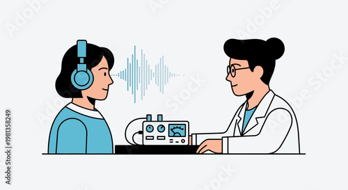 Audiologist performs hearing test on patient with headphones and audiometer