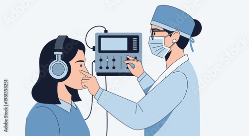 Audiologist performs hearing test on patient with headphones and audiometer