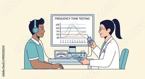 Audiologist performs hearing test on patient with headphones and audiometer