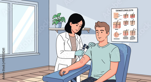 Dermatologist examines patient's skin condition in clinic, medical examination