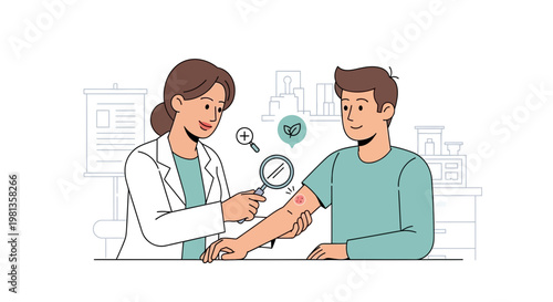 Dermatologist examines patient's skin rash with magnifying glass, healthcare concept