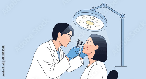 Dermatologist examines patient's face with magnifying lamp for skin condition diagnosis