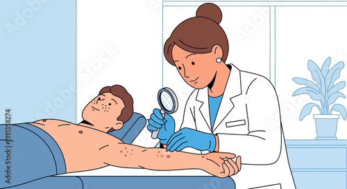 Dermatologist examines patient's skin rash with magnifying glass, medical examination