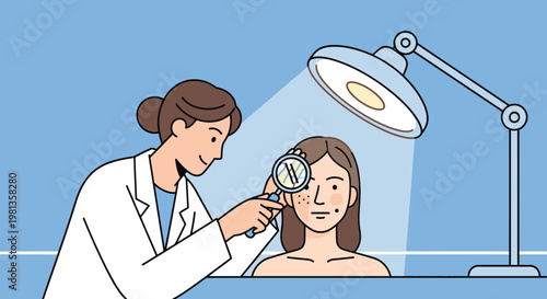 Dermatologist examines patient's skin with magnifying glass under lamp, close-up face