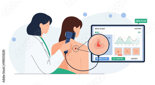 Dermatologist examines patient's mole with digital dermatoscope, skin cancer screening concept