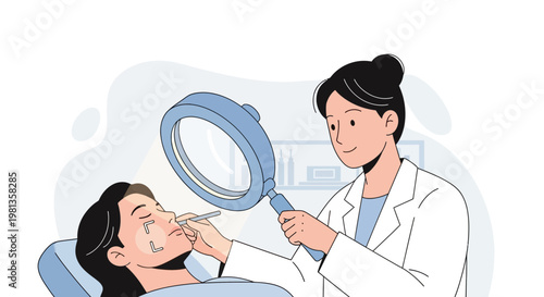 Dermatologist Examines Patient's Skin with Magnifying Glass for Treatment