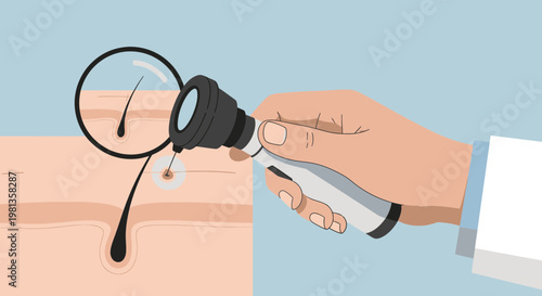 Dermatologist examines skin with magnifying glass, close-up of hair follicle and mole