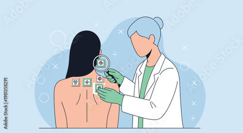 Dermatologist examines skin moles on patient's back with magnifying glass, medical checkup
