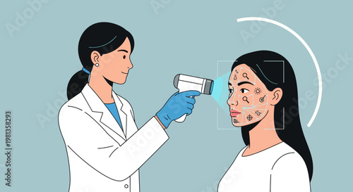 Dermatologist Examines Skin with Advanced Scanner, Facial Analysis Technology