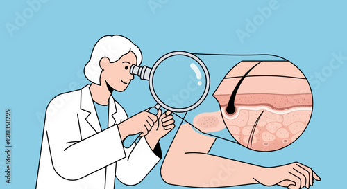 Dermatologist examines skin with magnifying glass, showing hair follicle and skin layers