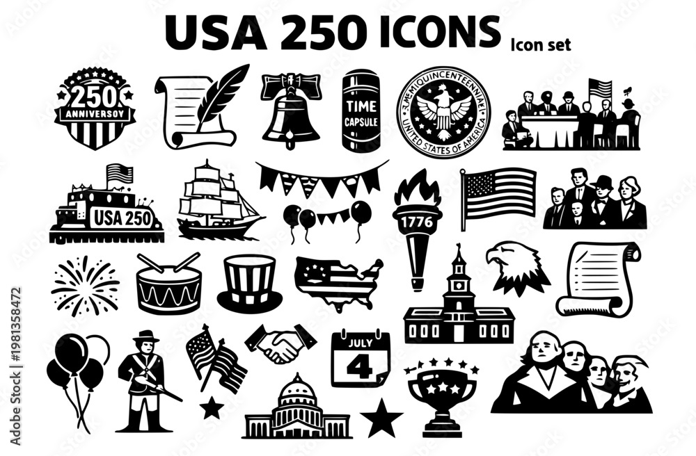 Fototapeta premium USA 250th Anniversary Icon Set Semiquincentennial Badge Quill Parchment Liberty Bell Time Capsule Continental Congress Parade Float Tall Ship 1776 Torch Vector Illustration