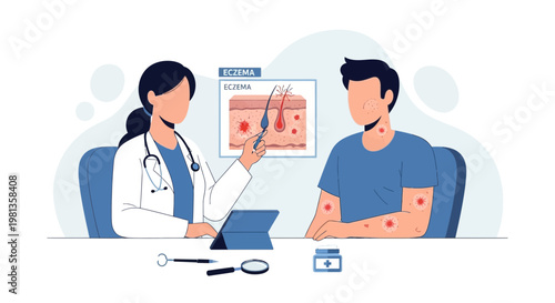 Dermatologist explains eczema to patient, showing skin cross-section on screen