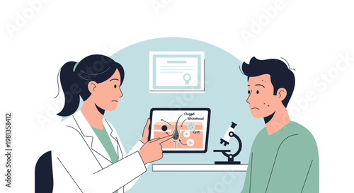 Dermatologist Explains Skin Condition to Patient Using Digital Tablet and Microscope