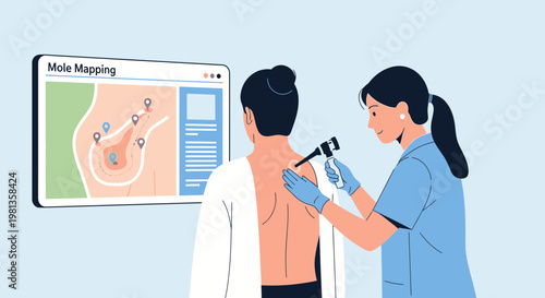 Dermatologist performs mole mapping on patient's back using dermatoscope and digital analysis