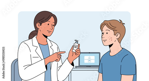 Dermatologist showing acne treatment to a young patient in a clinic