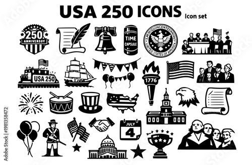 USA 250th Anniversary Icon Set Semiquincentennial Badge Quill Parchment Liberty Bell Time Capsule Continental Congress Parade Float Tall Ship 1776 Torch Vector Illustration