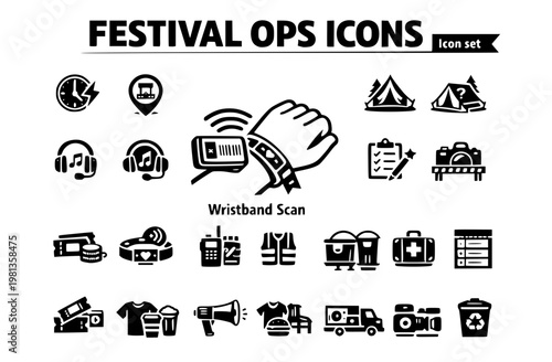 Music Festival Operations Icon Set Wristband Scan Set Clash Stage Map Silent Disco Cashless Camping Zone Lost Found Tent Rider Checklist Photo Pit Lineup Slot Vector