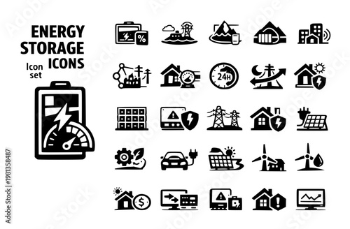 Energy Storage Grid Icon Set Battery SOC Meter Grid Island Mode Peak Shave Demand Response VPP Node Behind Meter TOU Clock Load Shift BESS Rack Inverter Warning Vector