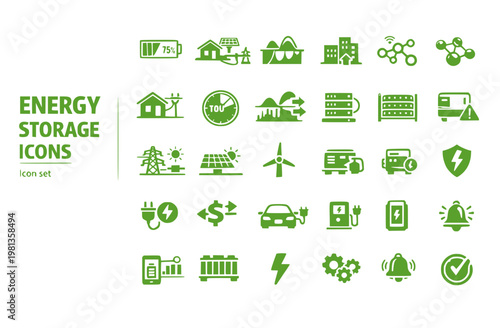 Energy Storage Grid Icon Set Battery SOC Meter Grid Island Mode Peak Shave Demand Response VPP Node Behind Meter TOU Clock Load Shift BESS Rack Inverter Warning Vector