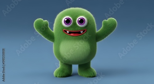 Green fuzzy cartoon monster with big eyes and red mouth waving