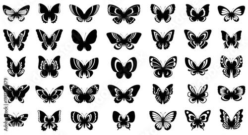 Collection of various butterfly silhouettes on white background.