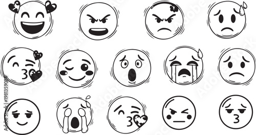 set of face emoji icons. Hand-drawn doodle sketches with emoticon backgrounds of happy, angry, and sad faces. Funny cartoon figures with winks, kisses, and smiles. adorable circle emotion component. V