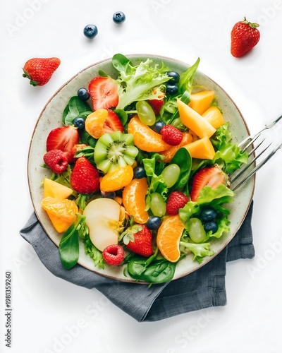 Vibrant Fresh Fruit and Green Salad Overflowing in a Bowl, Top View, Healthy Eating Concept with Berries, Citrus, Kiwi, Melon, and Greens