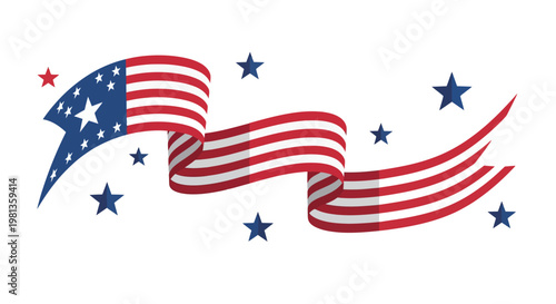 Waving American Flag Ribbon with Stars Patriotic Design Element.