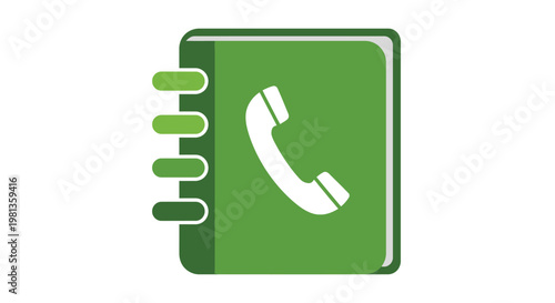 A vibrant green icon depicts a spiral notebook with a white telephone handset on its cover