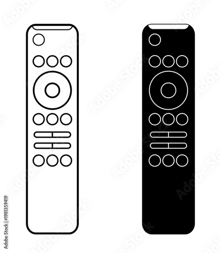 Control remoto de televisor lcd, led y smart tv. Ilustración vectorial en blanco y negro. Icono de tecnología para sitio web, folleto, app, tienda virtual, tienda de electrodomésticos y otros.