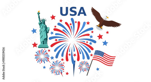 USA patriotic symbols celebration with fireworks and national icons.