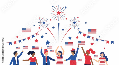 Diverse group of people celebrating American holidays with flags and fireworks.