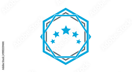 Geometric blue hexagon with five stars abstract design element.