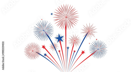 Vibrant fireworks display with red white and blue bursts and stars.